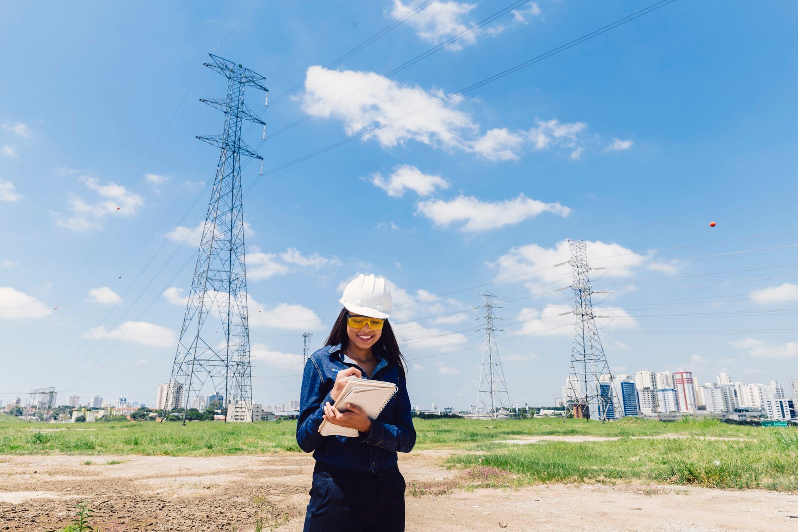 happy african american lady safety helmet taking notes near high voltage line