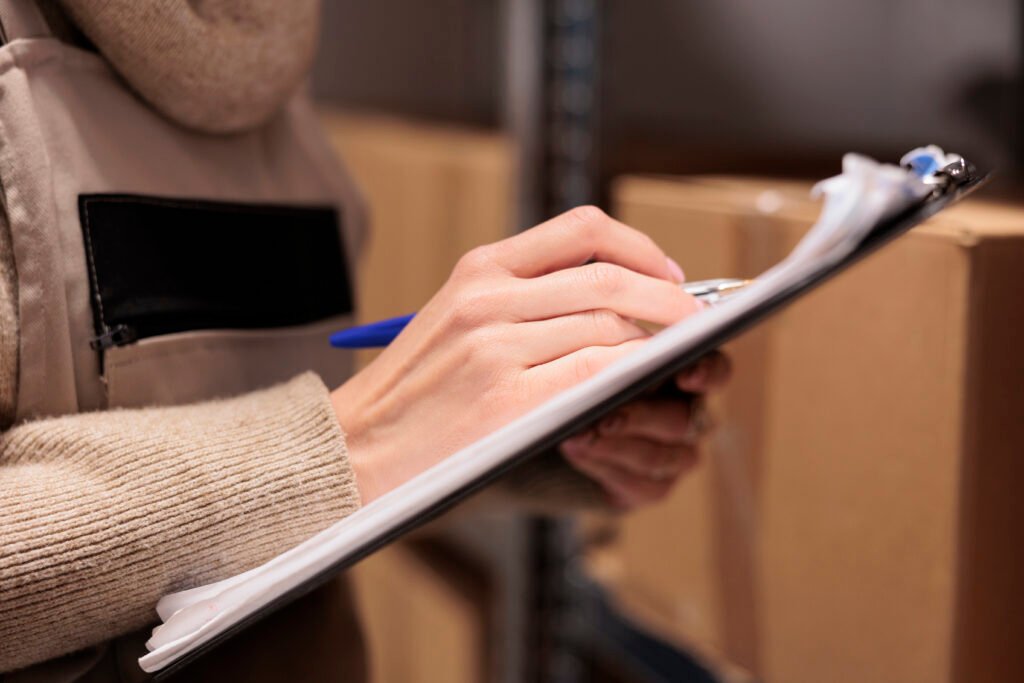 postal office storage worker holding clipboard in warehouse